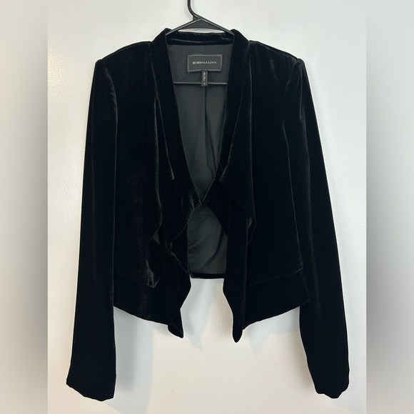 BCBGMaxAzria Black Velvet Open Front Silk Blend Drapey Jacket/Blazer Medium - Picture 1 of 12
